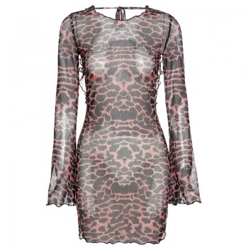 Leopard Print Backless Dress Women Long Sleeve Mesh Dress 2021 Spring Halter Transparent